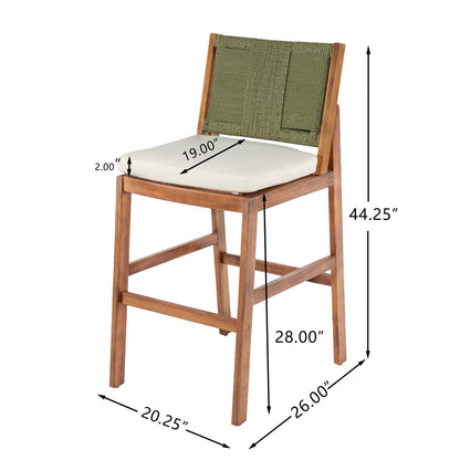 Outdoor Acacia Wood Bar Stools (Set of 2), Teak Finish Bar Height Chairs with Cream