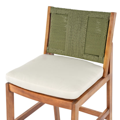 Outdoor Acacia Wood Bar Stools (Set of 2), Teak Finish Bar Height Chairs with Cream