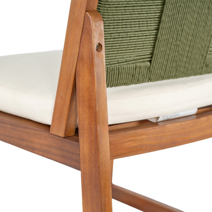 Outdoor Acacia Wood Bar Stools (Set of 2), Teak Finish Bar Height Chairs with Cream