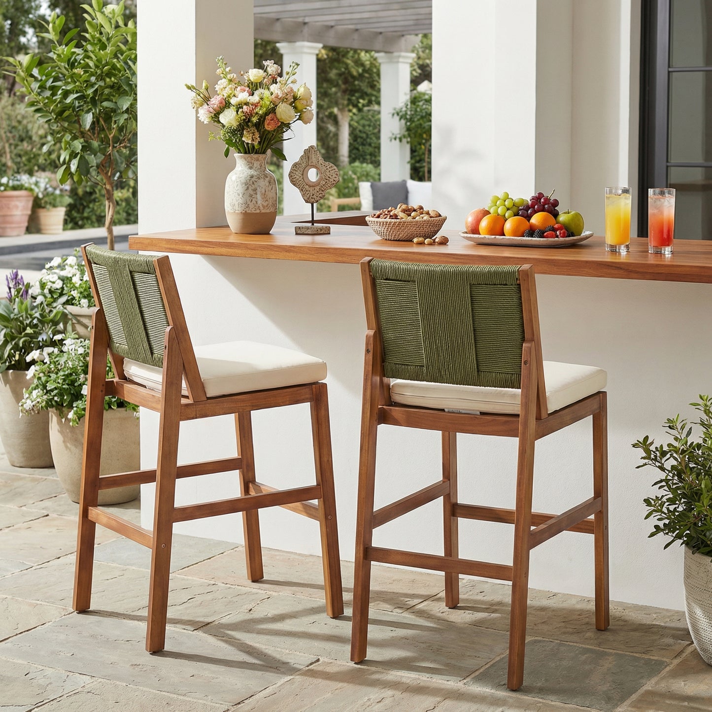 Outdoor Acacia Wood Bar Stools (Set of 2), Teak Finish Bar Height Chairs with Cream Cushion & Green Wicker Back, Counter Height Stools for Patio, Poolside, Kitchen Island