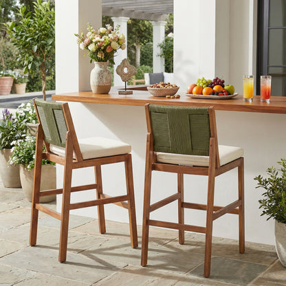 Outdoor Acacia Wood Bar Stools (Set of 2), Teak Finish Bar Height Chairs with Cream Cushion & Green Wicker Back, Counter Height Stools for Patio, Poolside, Kitchen Island
