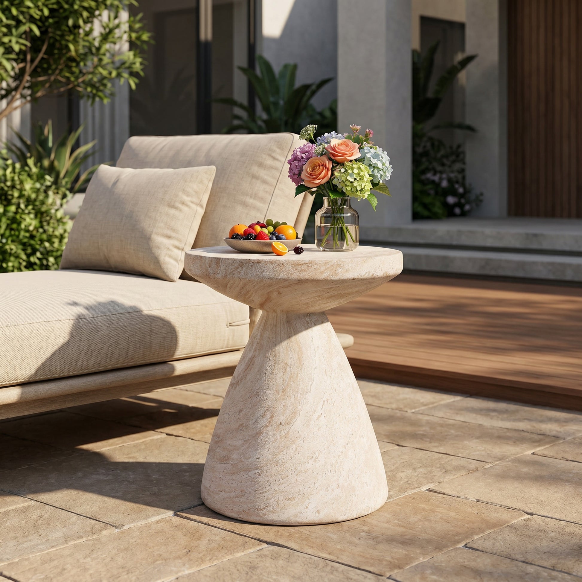 Outdoor/Indoor Lightweight Concrete Side Table,Travertine Finish