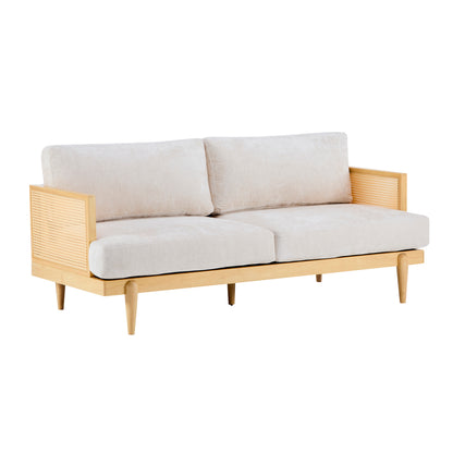 EMIR 72" Square Arm 3-Seater Boucle Sofa with Cane Rattan and Wooden Frame,Natural,,Living Rooms,Bedrooms,Apartment Office