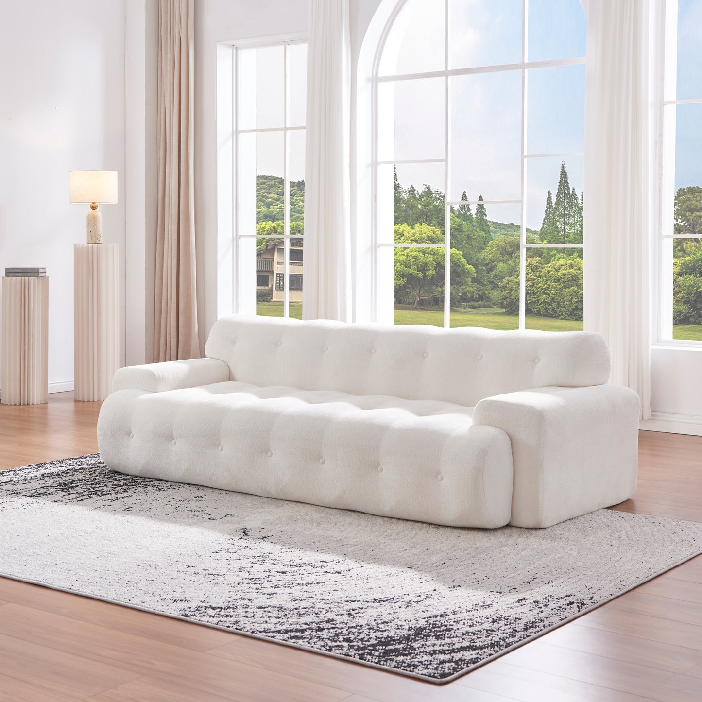3 Seat White Chenille Sofa - 88 Inch Comfy Couch for Living Room