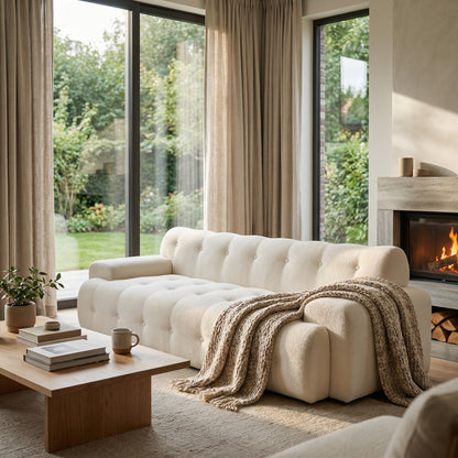 3 Seat White Chenille Sofa - 88 Inch Comfy Couch for Living Room
