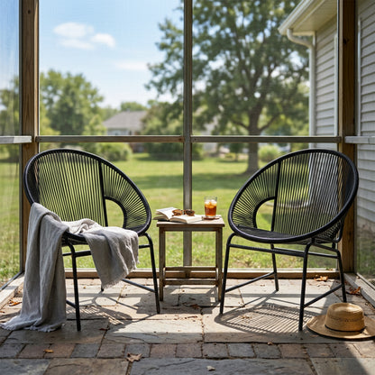 NUSA OUTDOOR PATIO WICKER CHAIR, BLACK PE RATTAN & IRON FRAME, SET OF 2