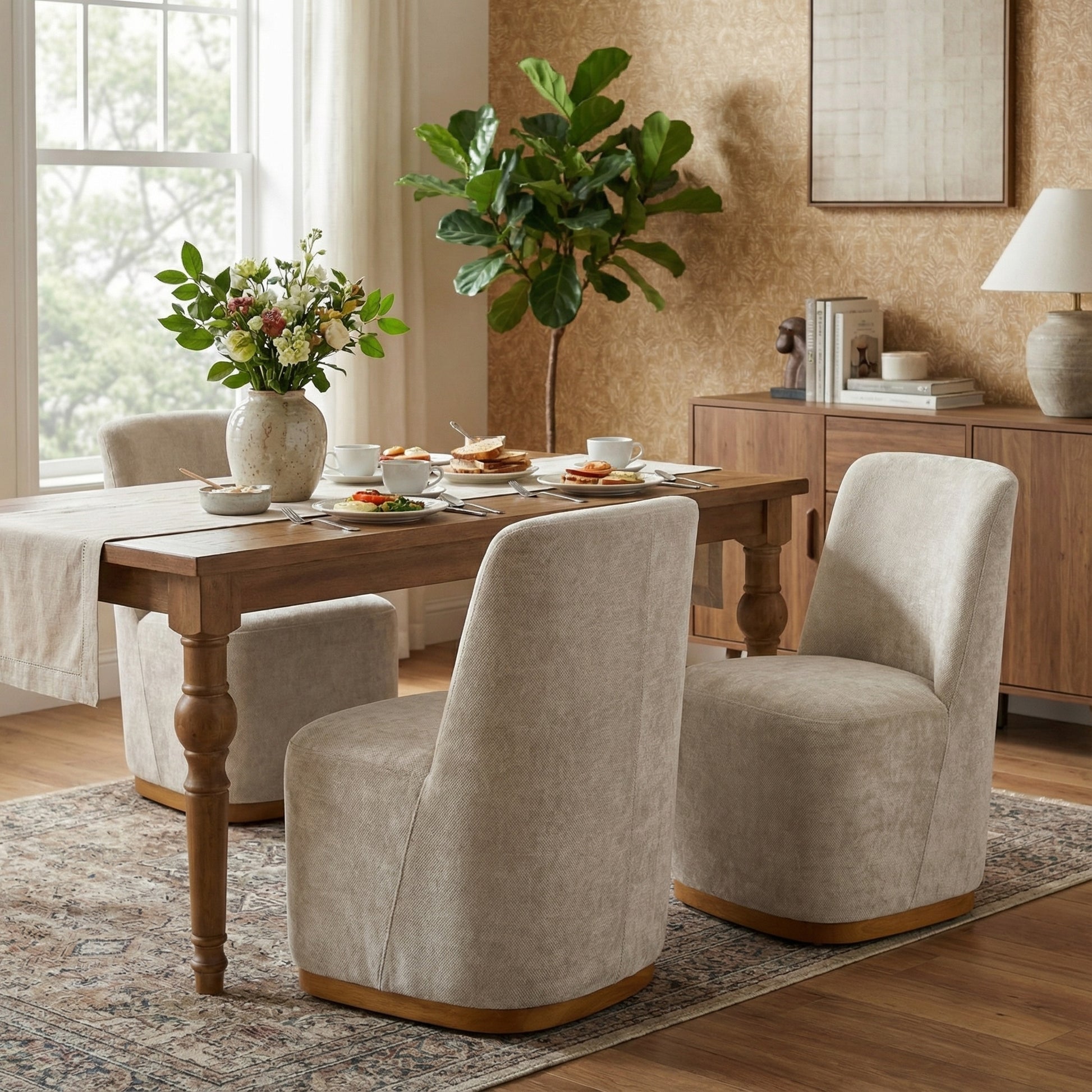 Indoor Dining Chair Set of 2, Modern Upholstered Fabric Chair with Sturdy Rubber Wood Frame, 300lbs Capacity, Creamy Oatmeal Design, Comfortable Seating for Dining Room/Living Area