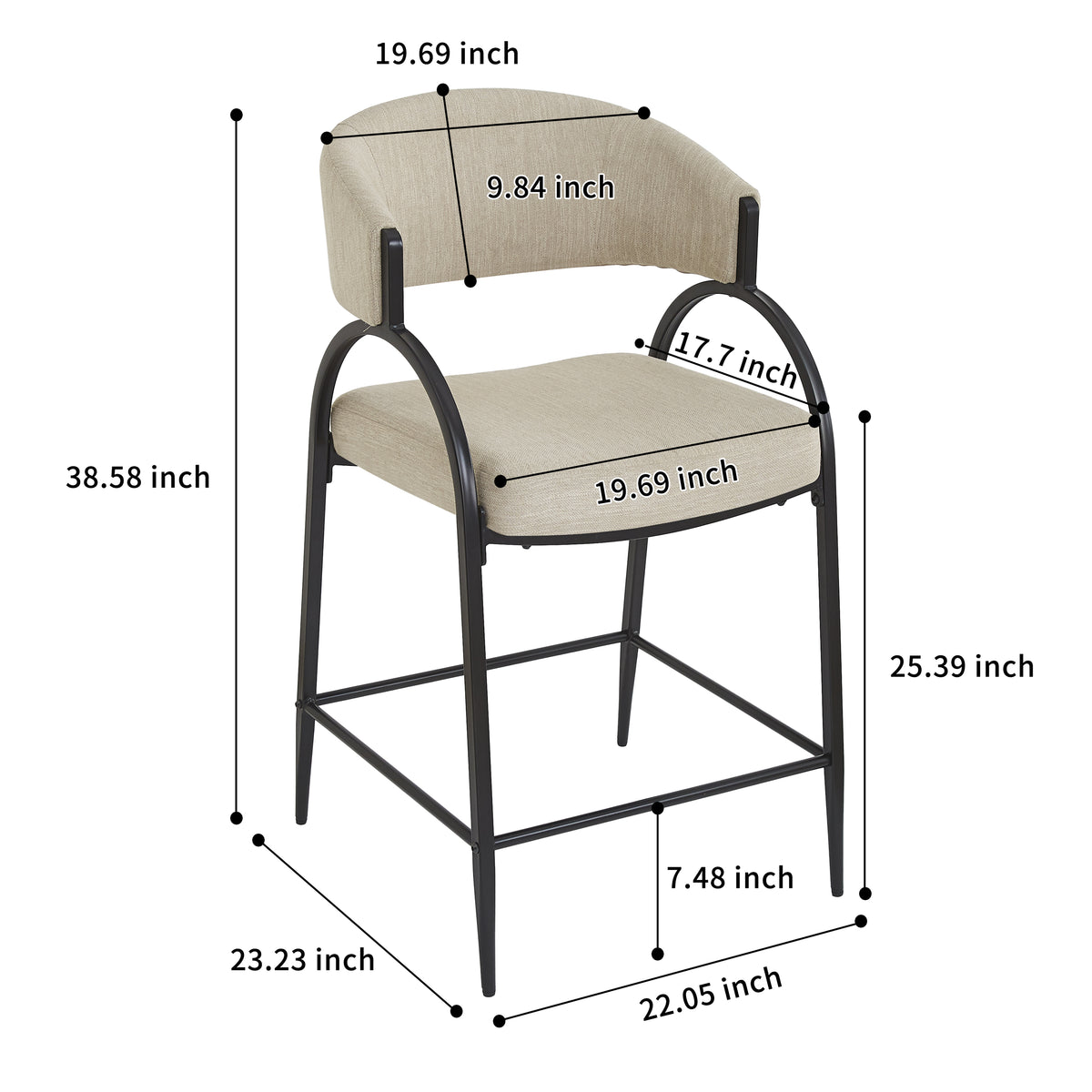 Modern Fabric Bar Stools Set of 2 with Black Metal Frame for Kitchen Dining