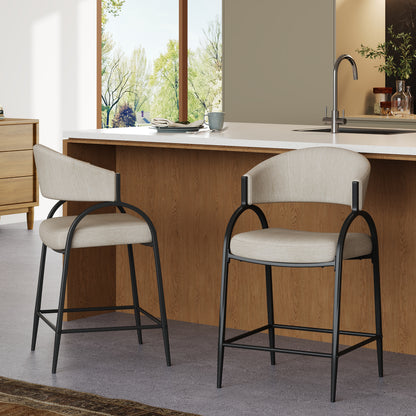 25'' Seat Height Modern Fabric Bar Stools with Back, Black Metal Frame, Comfortable Counter Stools for Kitchen Island/Dining Room, Set of 2 (Beige)