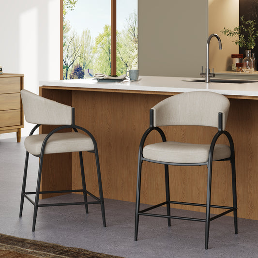 25'' Seat Height Modern Fabric Bar Stools with Back, Black Metal Frame, Comfortable Counter Stools for Kitchen Island/Dining Room, Set of 2 (Beige)