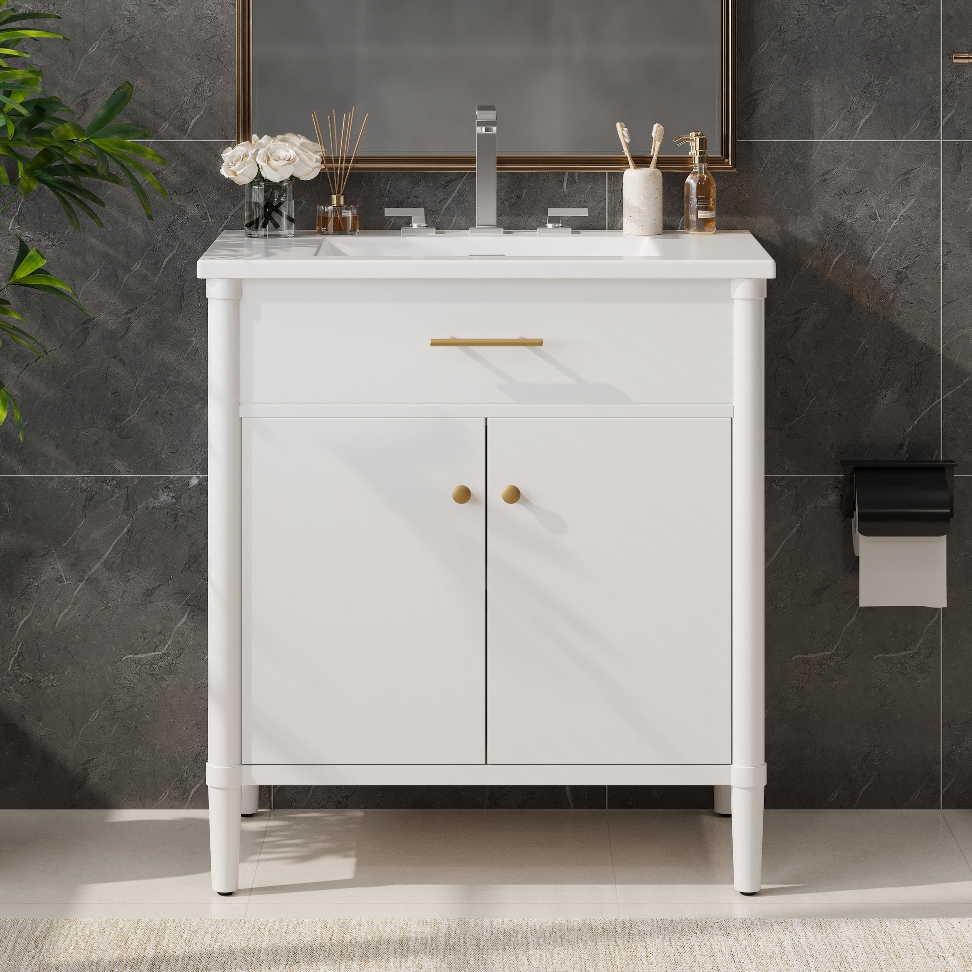 30 Inches Bathroom Vanity with Sink, Bathroom Cabinet with Soft Close Doors and Adjustable Shelf, Curved Profile Design, Rubber Wood Legs, White