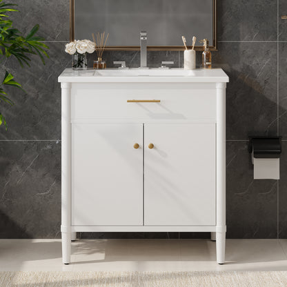 30 Inches Bathroom Vanity with Sink, Bathroom Cabinet with Soft Close Doors and Adjustable Shelf, Curved Profile Design, Rubber Wood Legs, White
