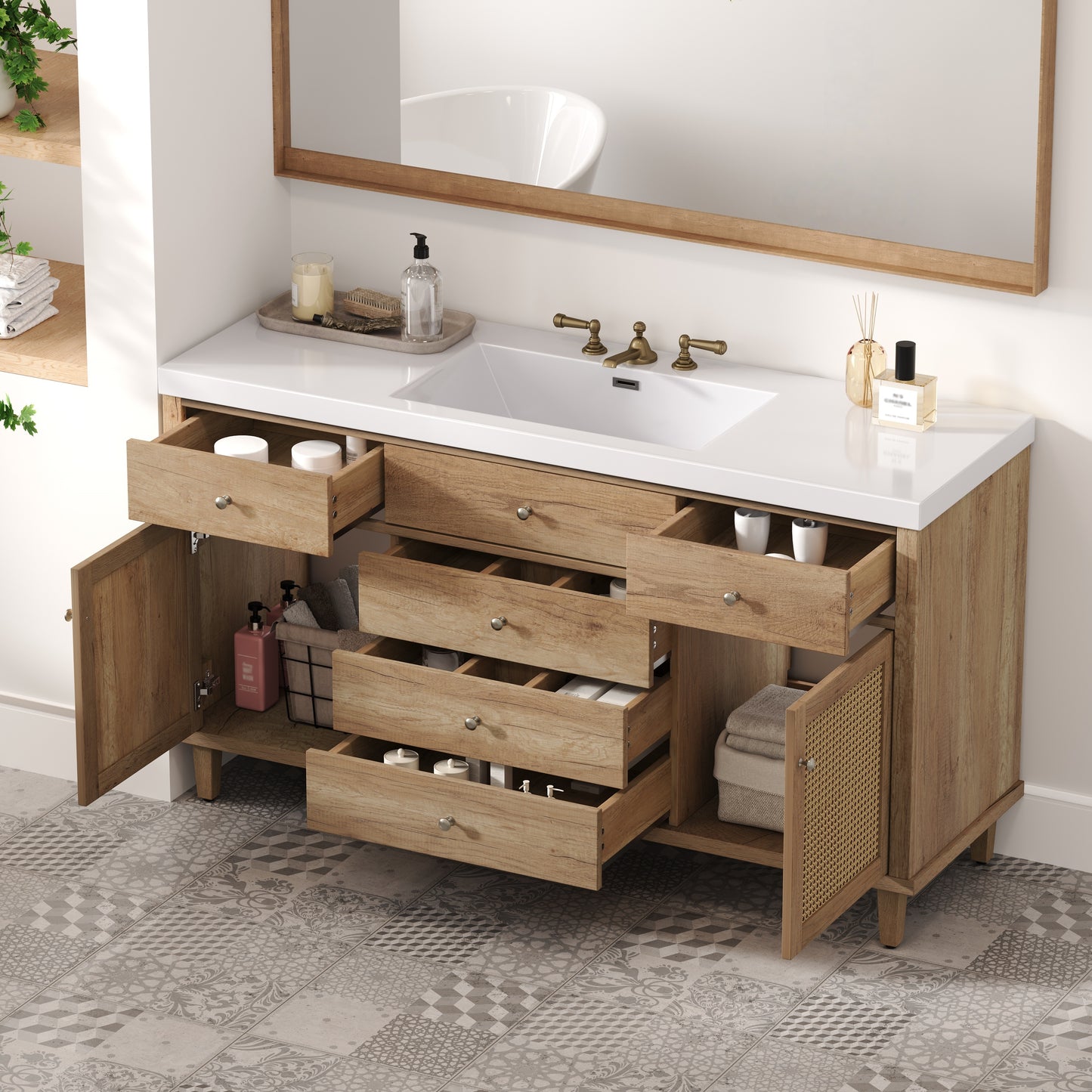 60 Inch Bathroom Vanity with Storage - Natural Wood