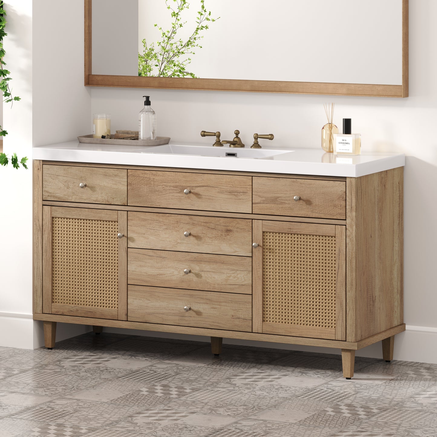 60 Inch Bathroom Vanity with Storage - Natural Wood