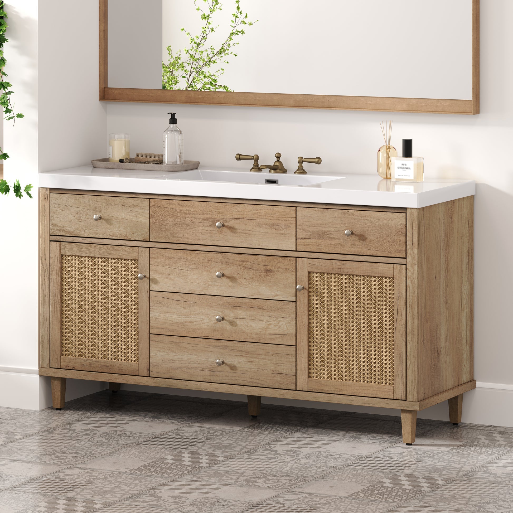 60 Inch Bathroom Vanity with Storage - Natural Wood
