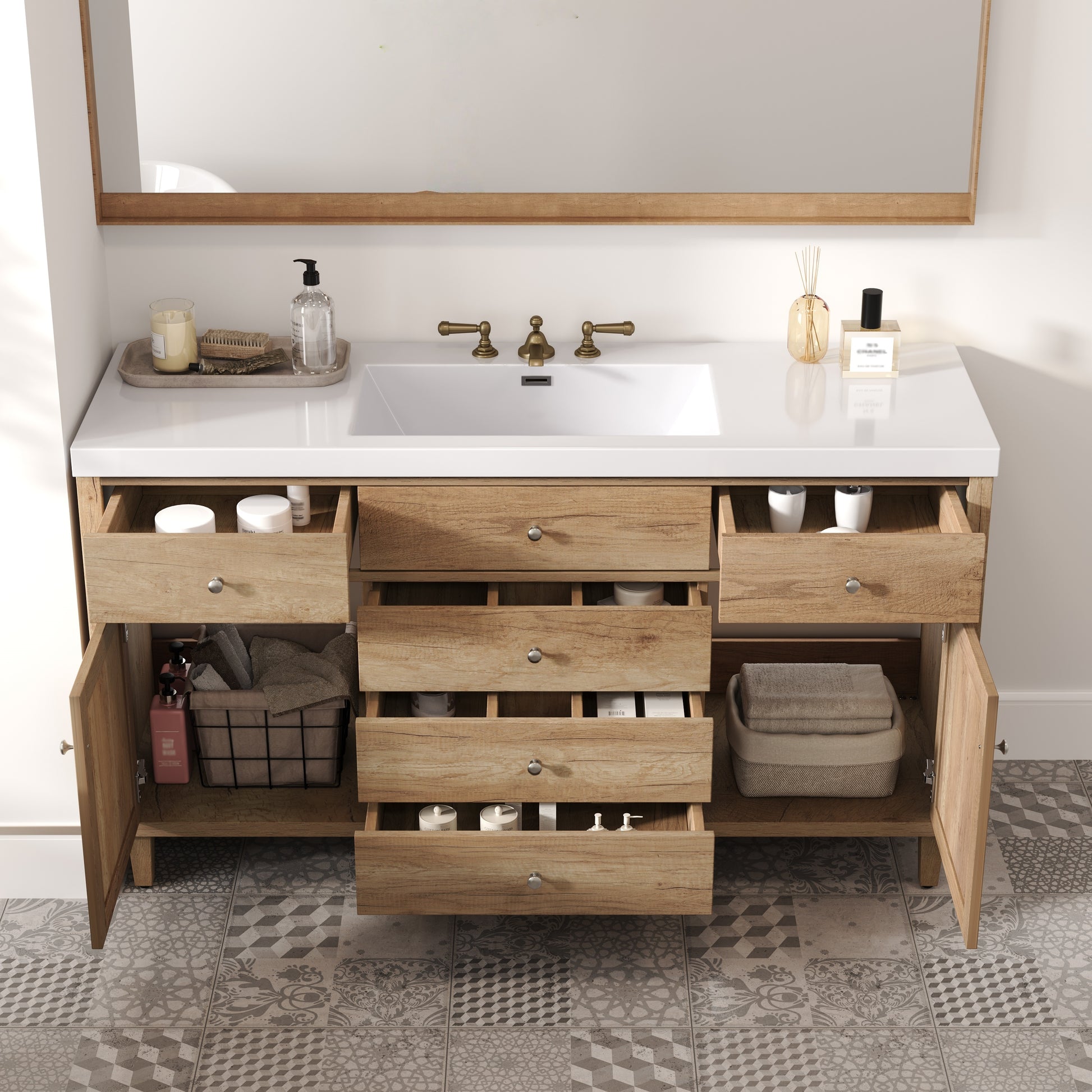 60 Inch Bathroom Vanity with Storage - Natural Wood