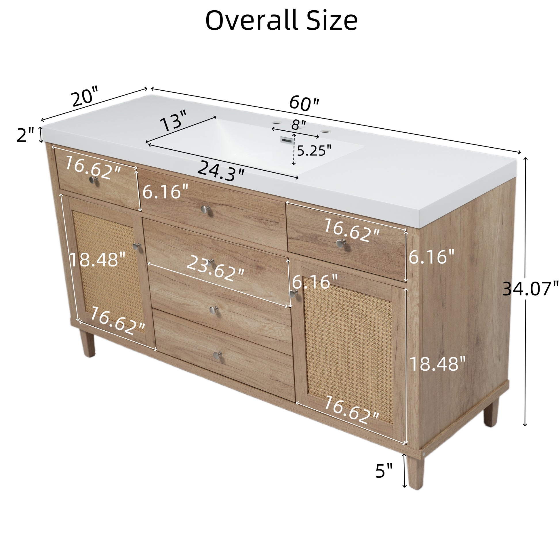 60 Inch Bathroom Vanity with Storage - Natural Wood