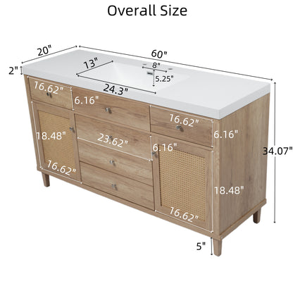 60 Inch Bathroom Vanity with Storage - Natural Wood