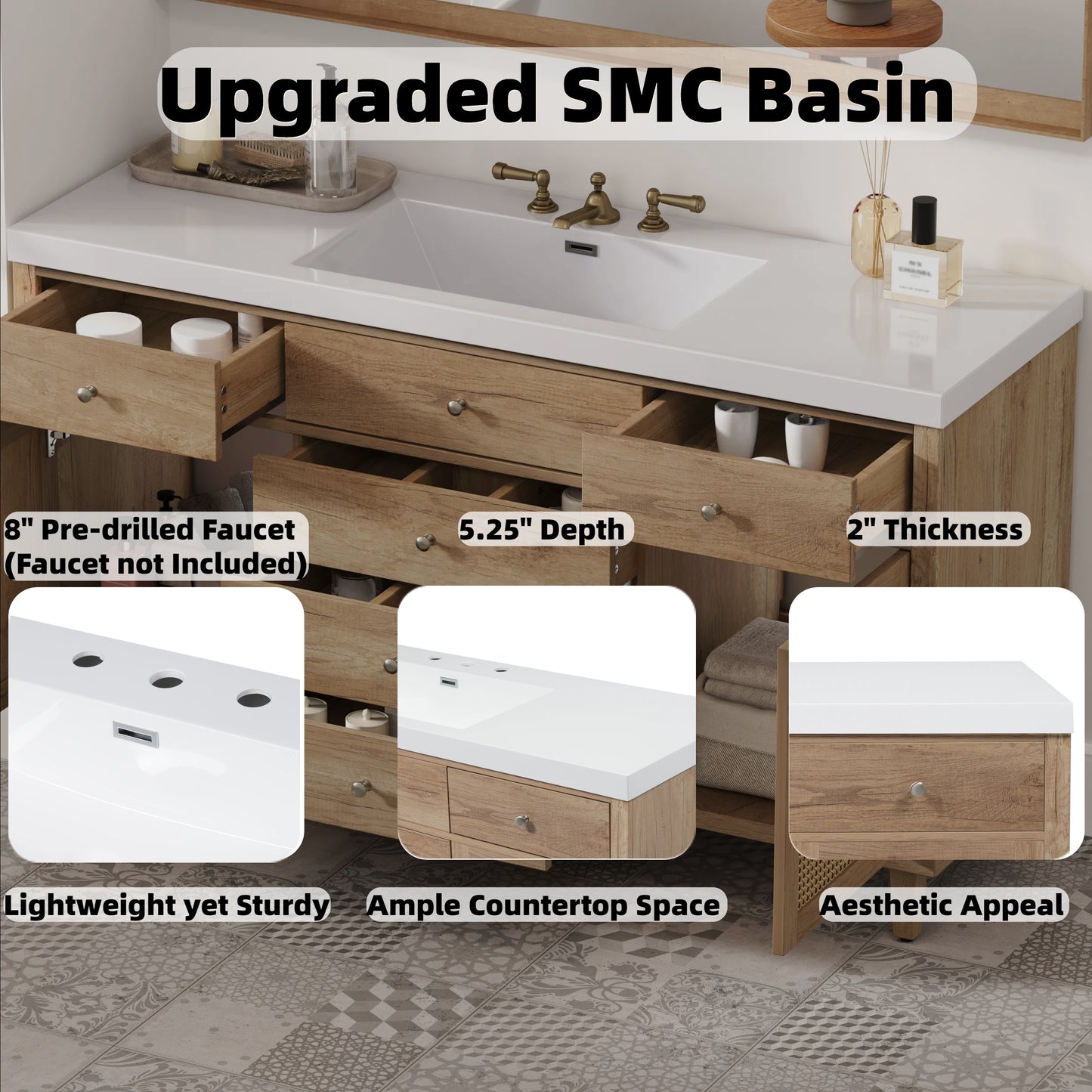 60 Inch Bathroom Vanity with Storage - Natural Wood