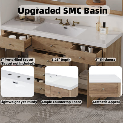 60 Inch Bathroom Vanity with Storage - Natural Wood
