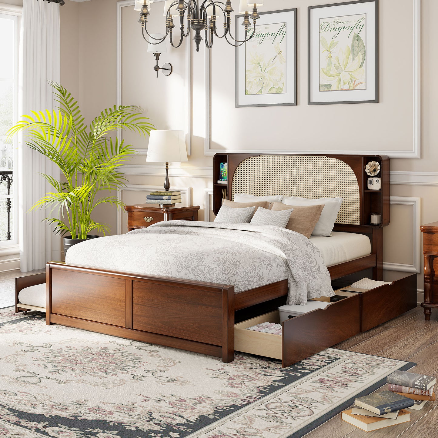 Queen Rattan Headboard Bed Walnut Frame Storage Bed