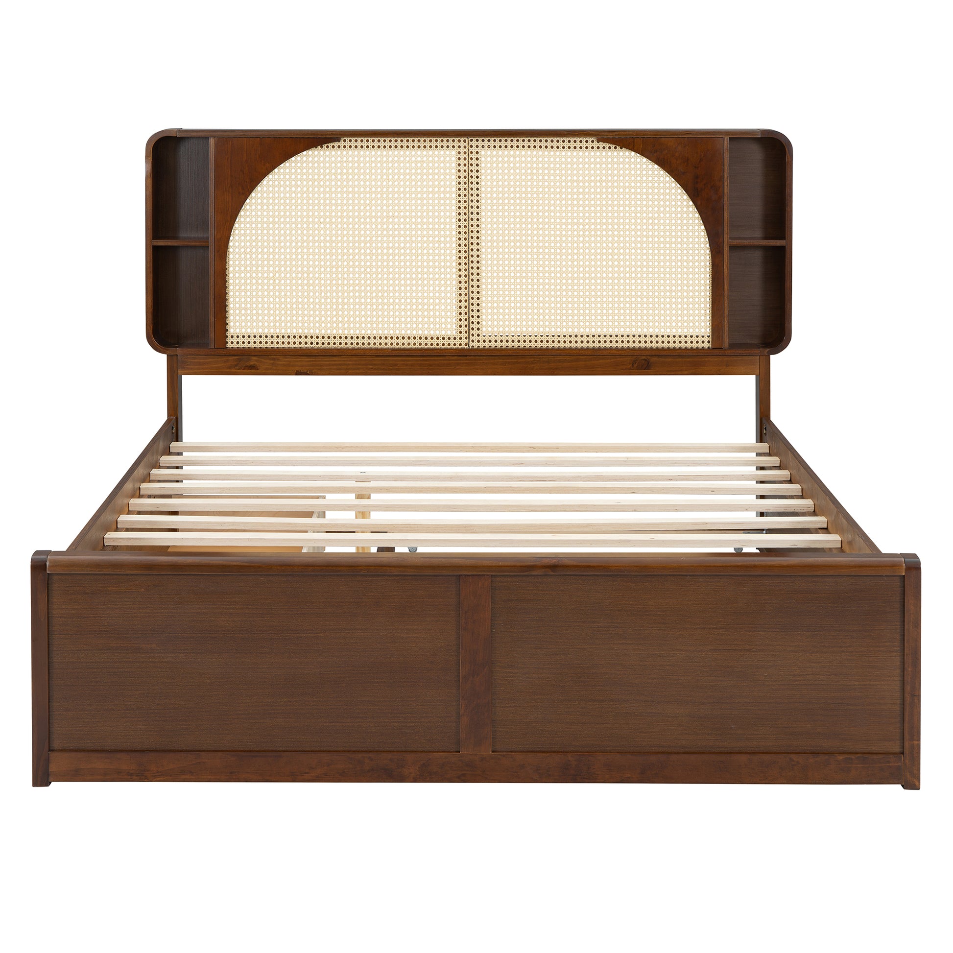Queen Rattan Headboard Bed Walnut Frame Storage Bed