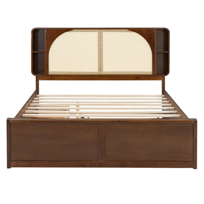 Queen Rattan Headboard Bed Walnut Frame Storage Bed