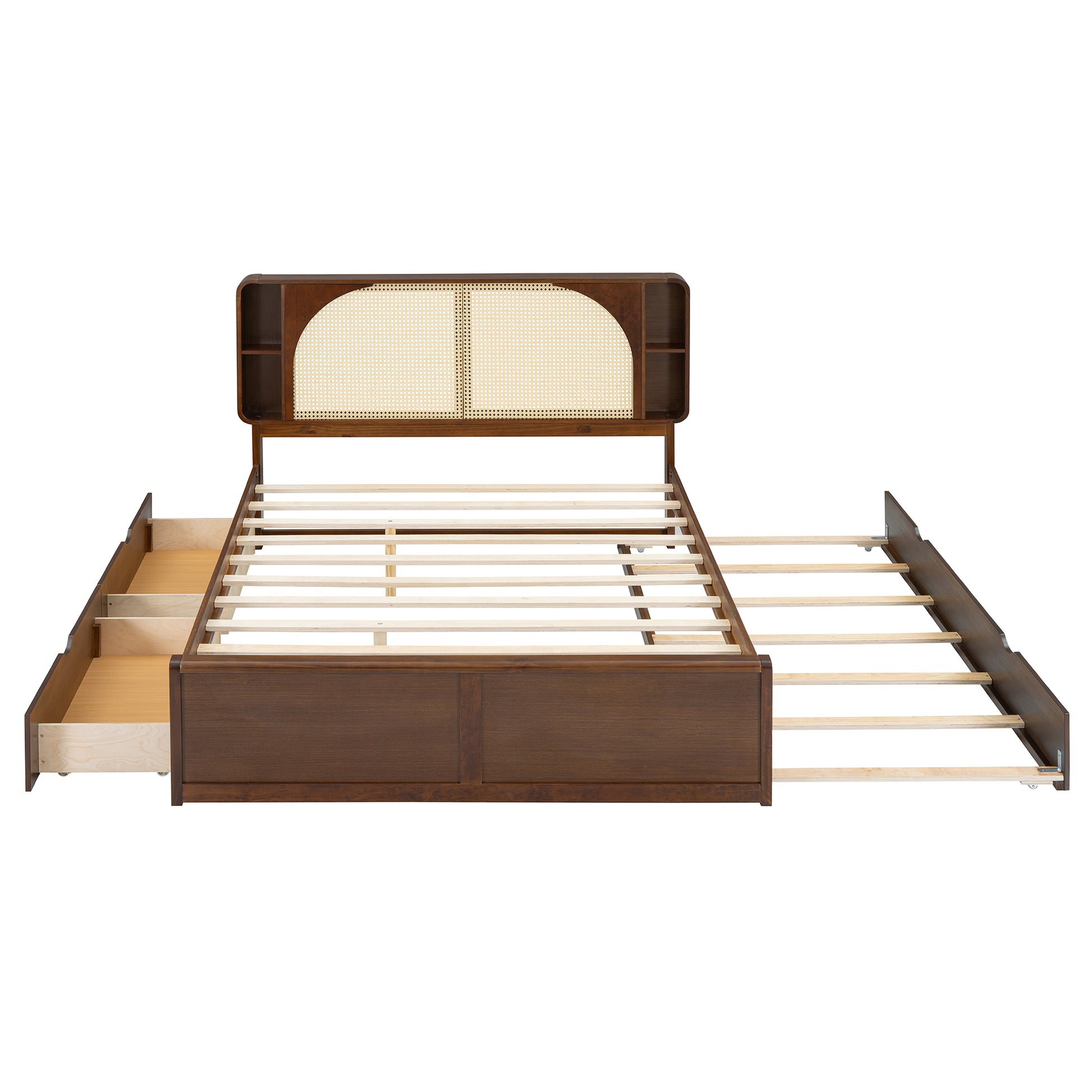 Queen Rattan Headboard Bed Walnut Frame Storage Bed