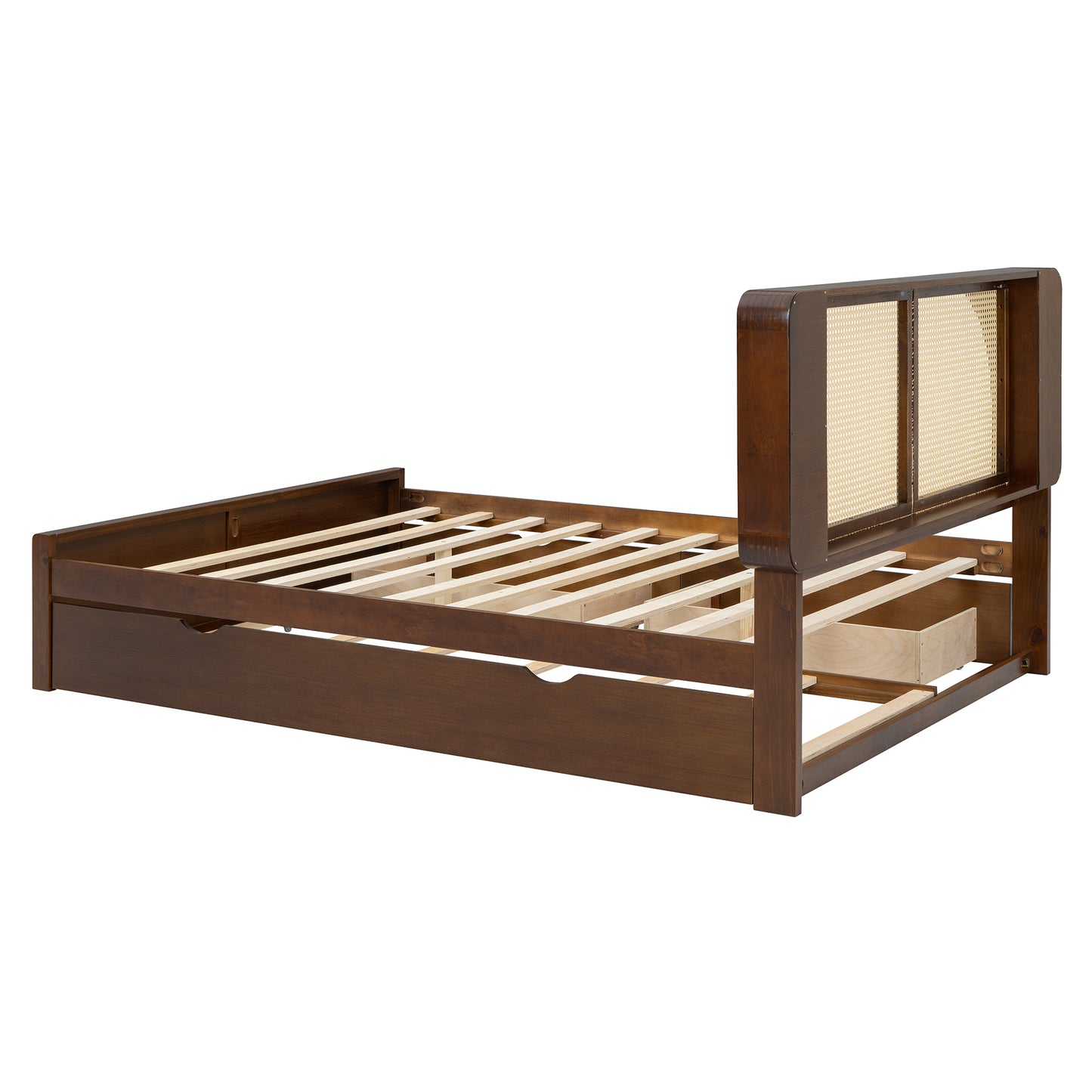 Queen Rattan Headboard Bed Walnut Frame Storage Bed