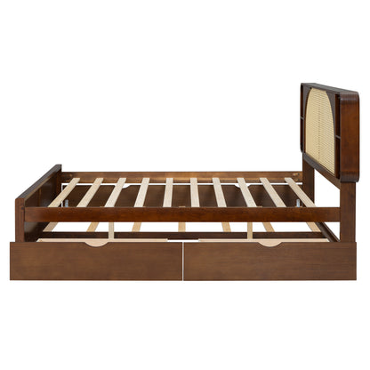 Queen Rattan Headboard Bed Walnut Frame Storage Bed