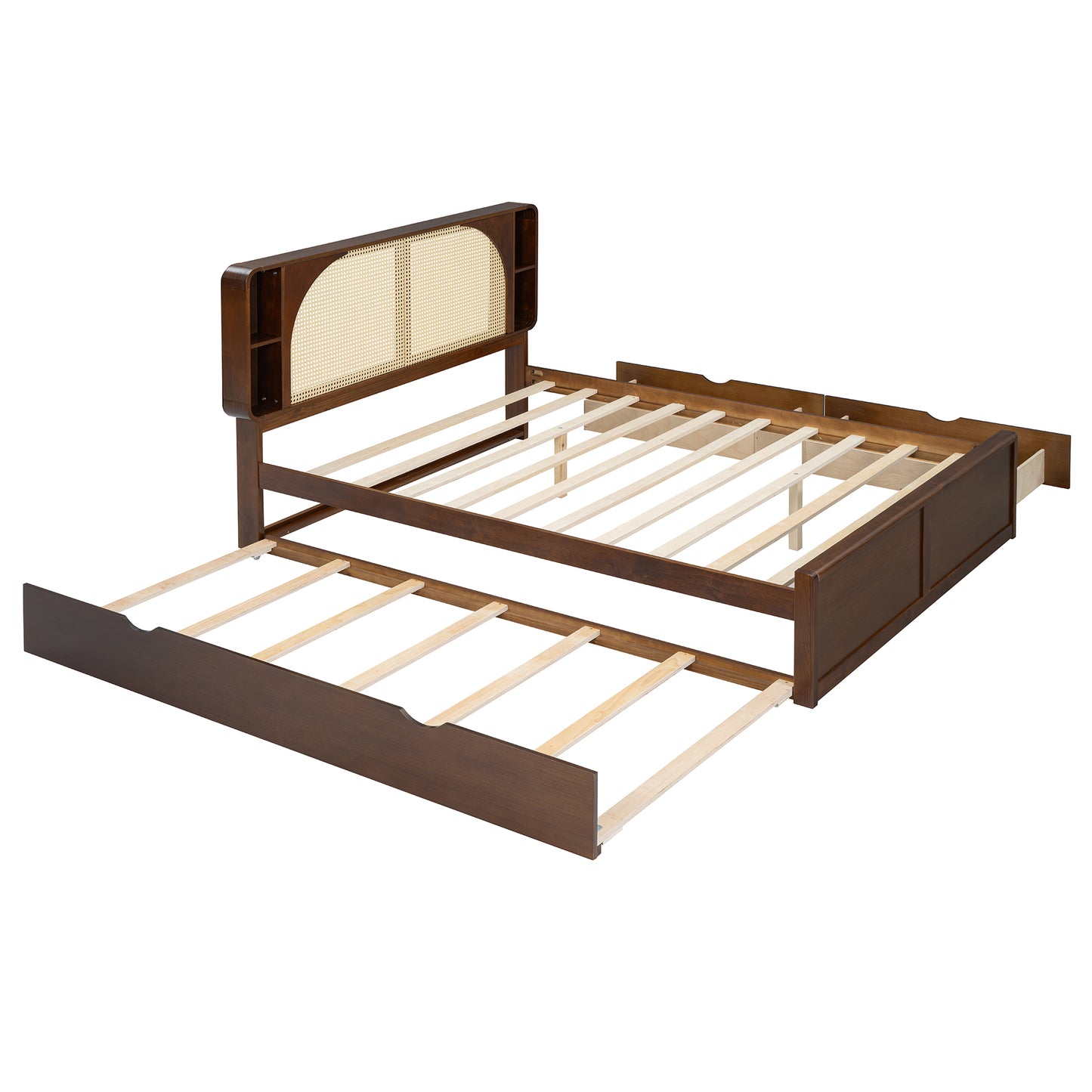 Queen Rattan Headboard Bed Walnut Frame Storage Bed
