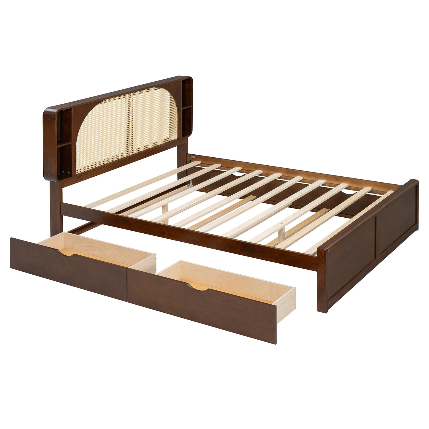Queen Rattan Headboard Bed Walnut Frame Storage Bed