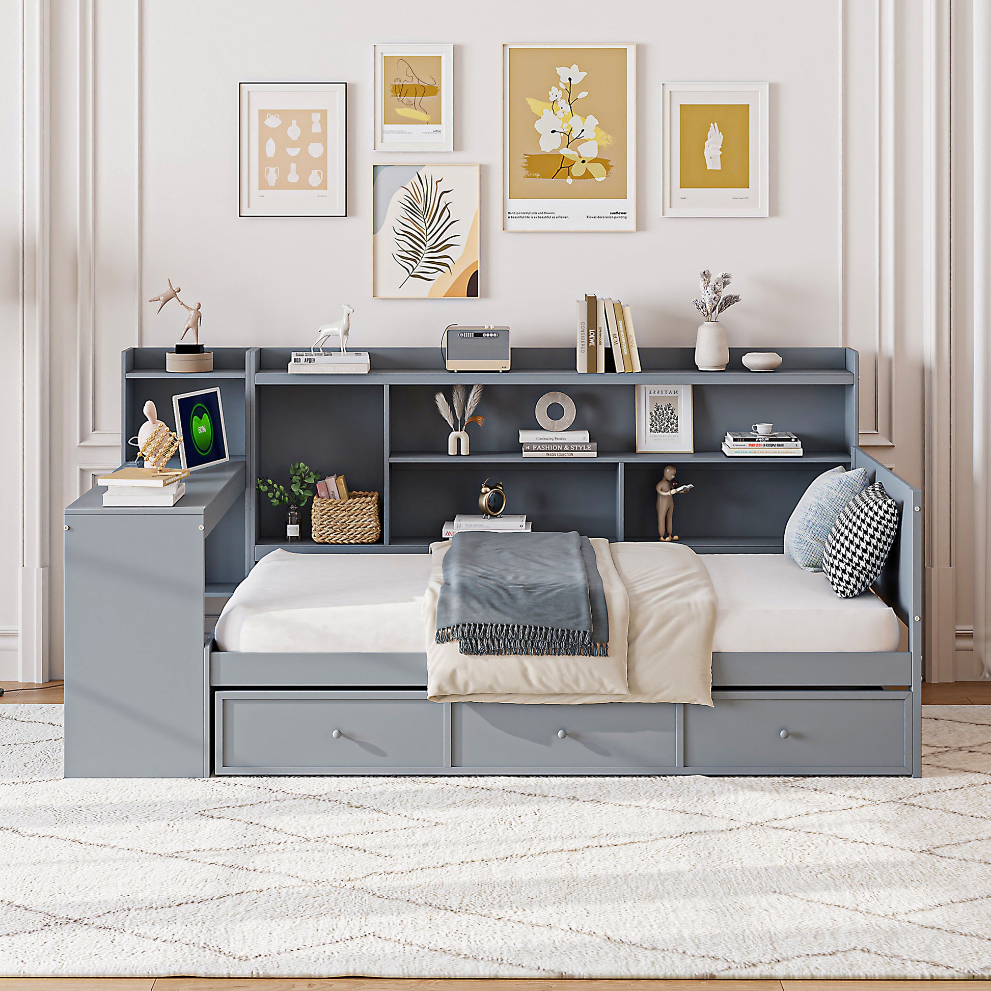 Twin Size Gray Wood Bed Frame with Drawers & Desk for Bedroom
