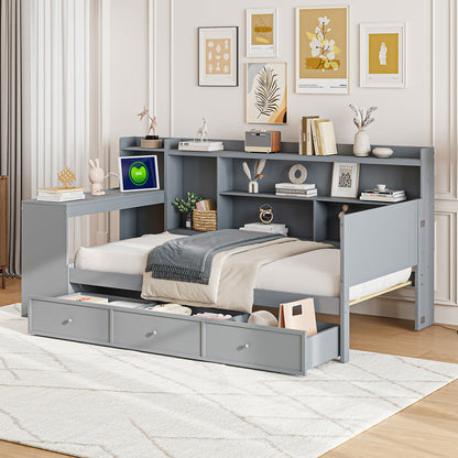 Twin Size Gray Wood Bed Frame with Drawers & Desk for Bedroom
