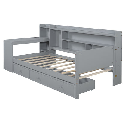 Twin Size Gray Wood Bed Frame with Drawers & Desk for Bedroom