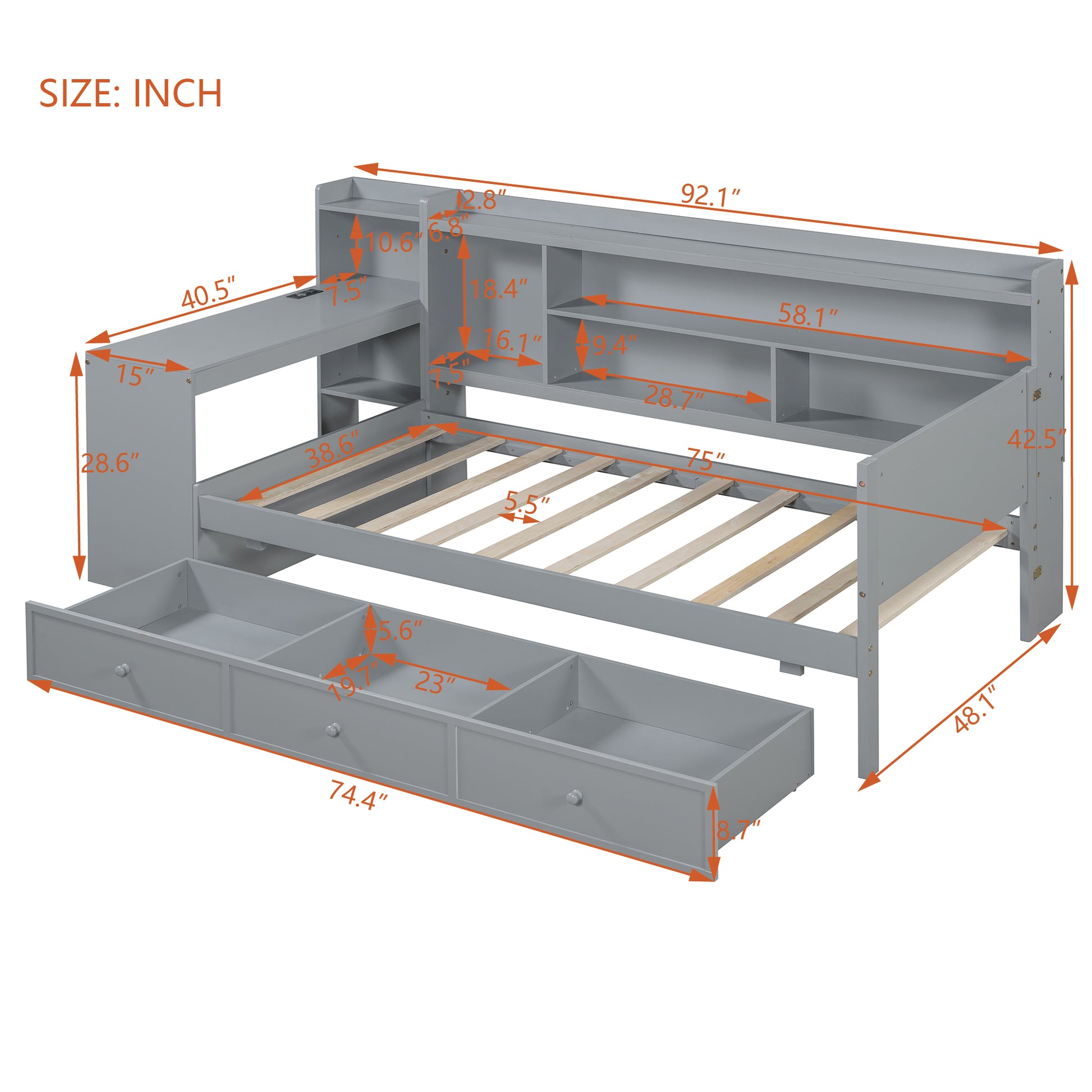 Twin Size Gray Wood Bed Frame with Drawers & Desk for Bedroom