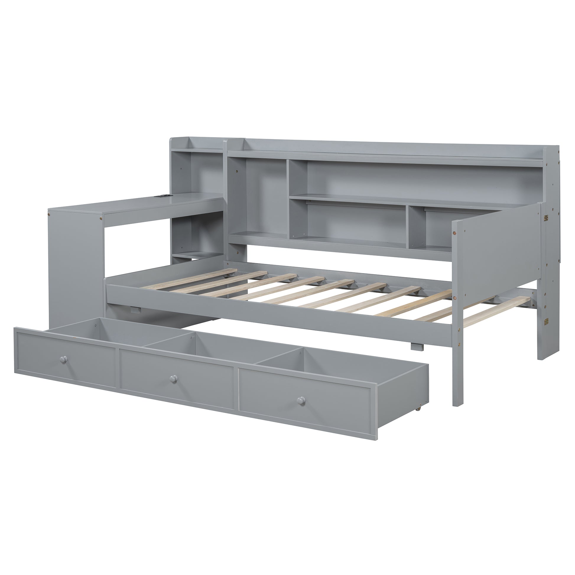 Twin Size Gray Wood Bed Frame with Drawers & Desk for Bedroom