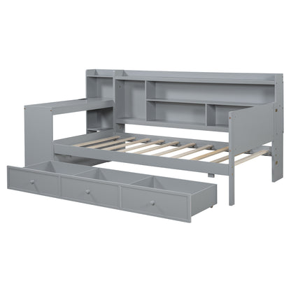 Twin Size Gray Wood Bed Frame with Drawers & Desk for Bedroom
