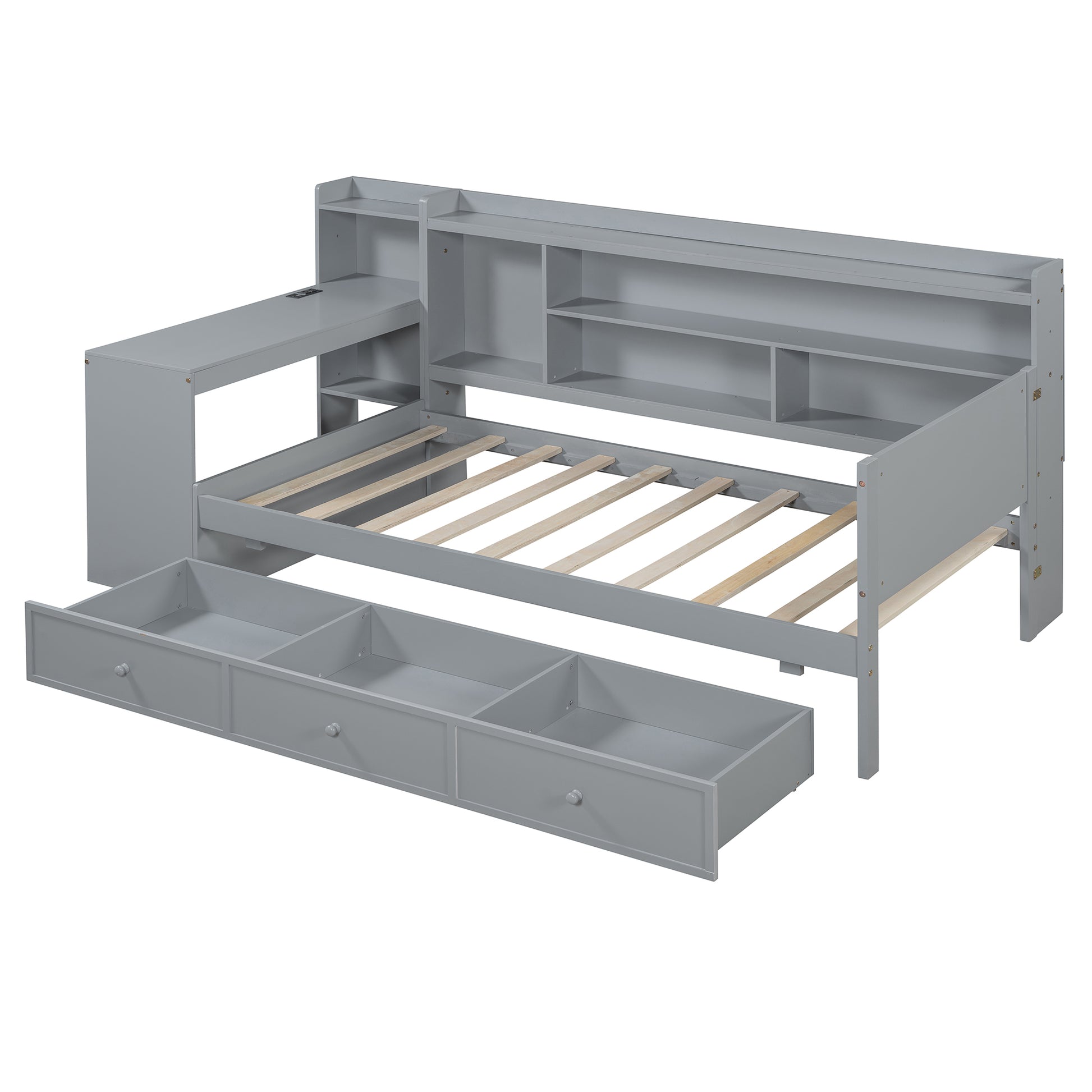 Twin Size Gray Wood Bed Frame with Drawers & Desk for Bedroom