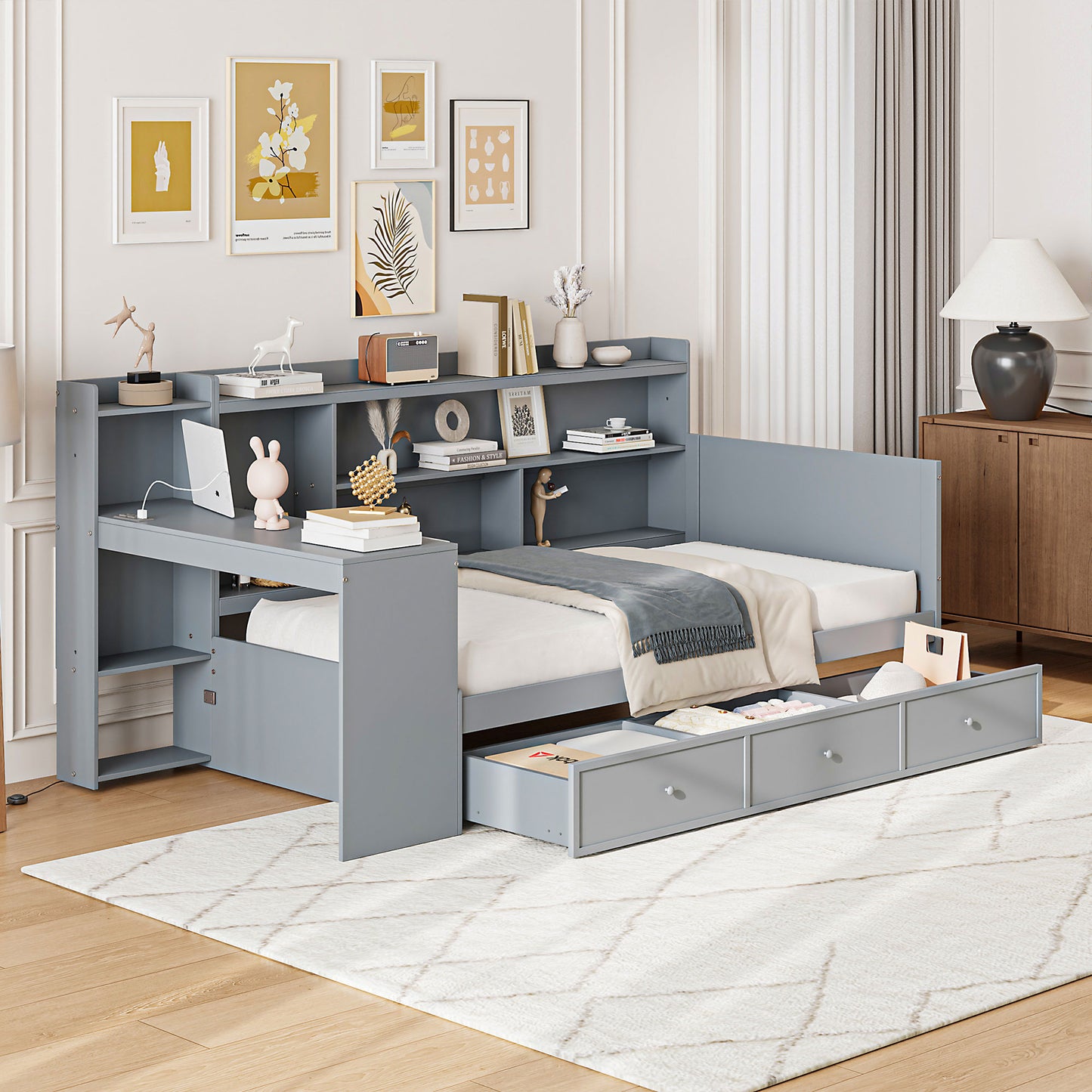 Twin Size Wooden Daybed With 3 Drawers, USB Ports and desk , Gray