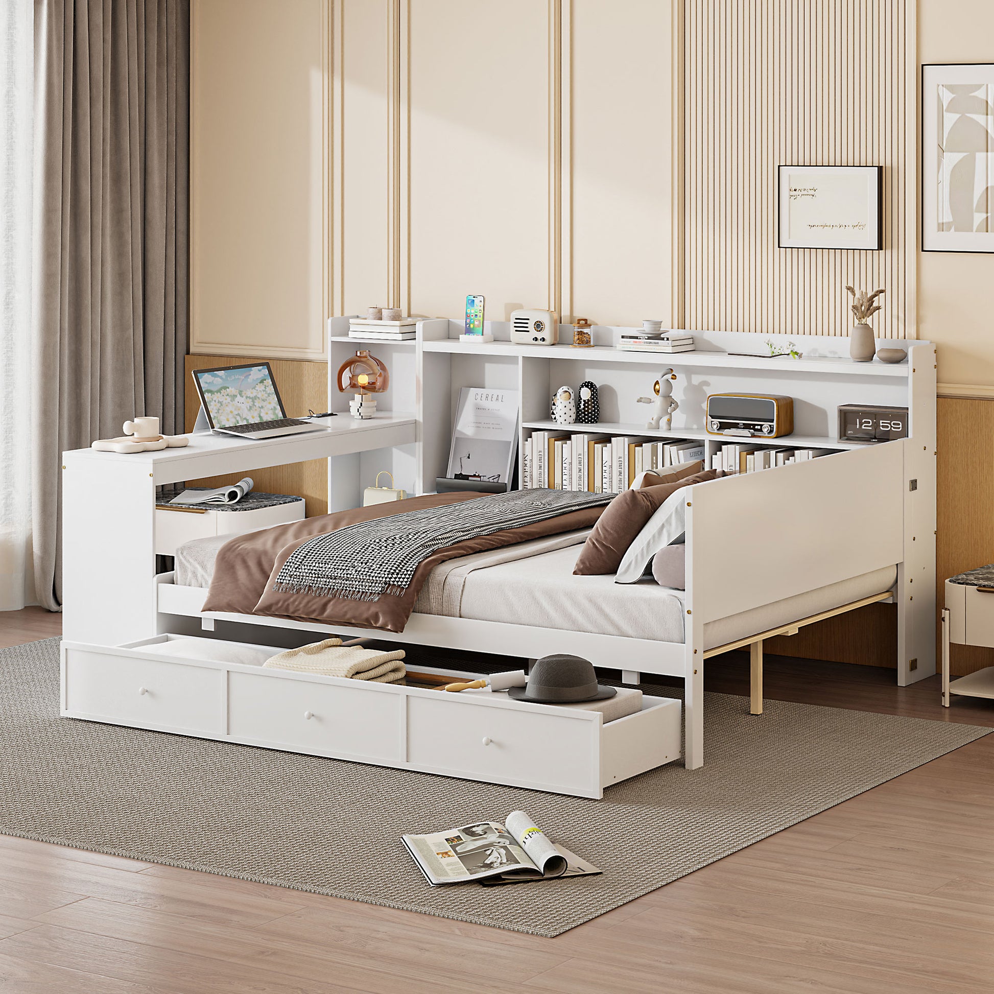 Full Size Wooden Daybed with Drawers & Desk - White