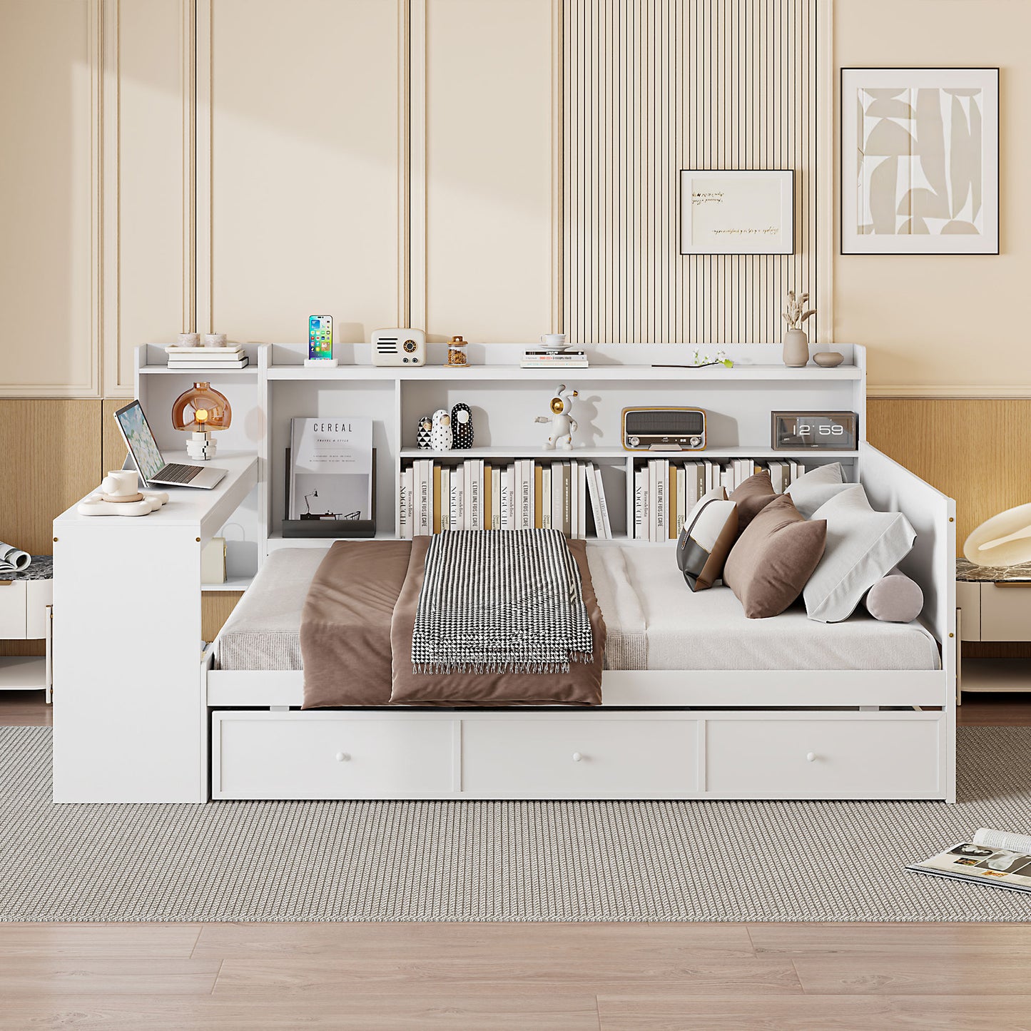 Full Size Wooden Daybed with Drawers & Desk - White