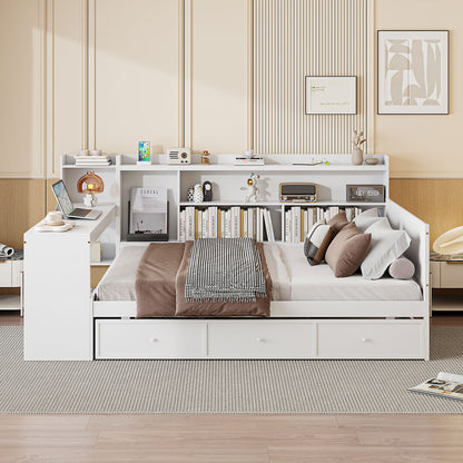 Full Size Wooden Daybed with Drawers & Desk - White