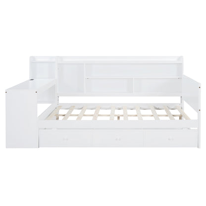 Full Size Wooden Daybed with Drawers & Desk - White