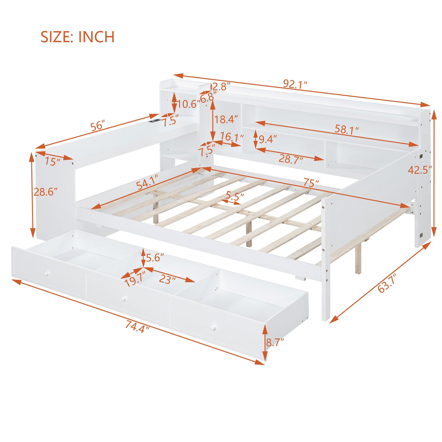 Full Size Wooden Daybed with Drawers & Desk - White