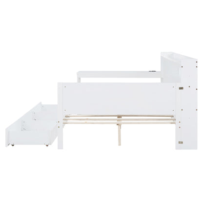 Full Size Wooden Daybed with Drawers & Desk - White