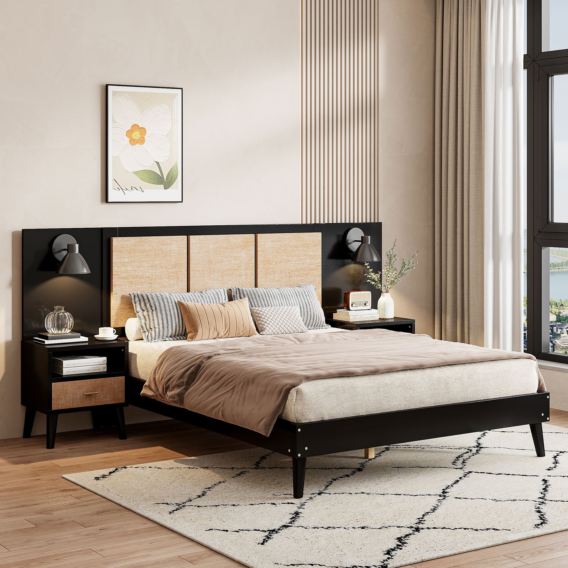 Queen Size Solid Wood Bed Frame with 2 Nightstands, Elegant Design with Lamps, Rattan and Wood Combination,Black