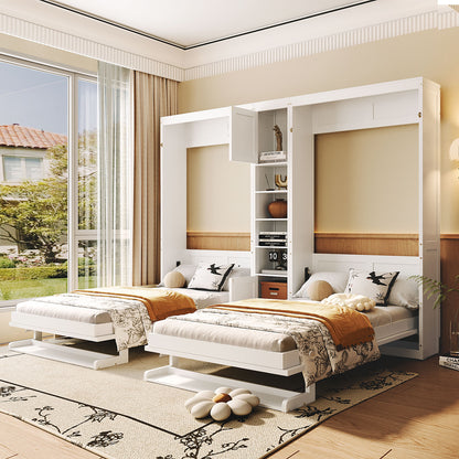 Dual Twin size Wall Murphy Beds with Cabinets and Shelves, White(OLD SKU:N820S00058K)