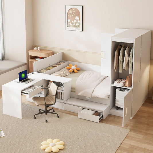 Full size Wooden Platform Bed with 6 Drawers, Shelves, desk and Wardrobe, White