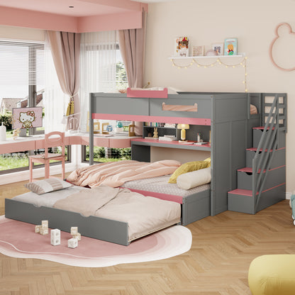 Full Over Full Bunk Bed with Twin Size Trundle and Staircase, Shelves, LED,Gray